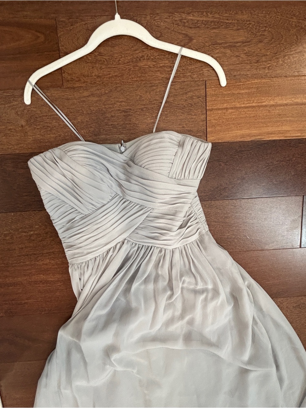 Strapless Ruched Bodice Flowy Chiffon Dress in Light Gray (Never Worn)